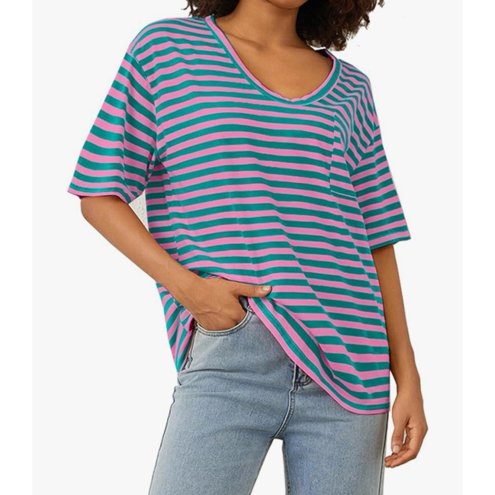 Amazon brand Medium New in Bag Pink and Green Striped V Neck Tee
